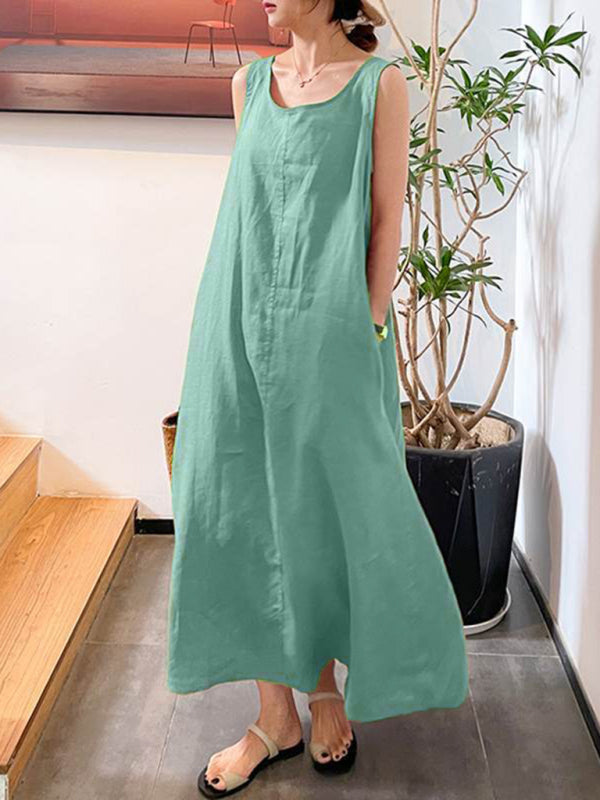 Blue Zone Planet | Cotton Linen Simple Style Loose Pocket Round Neck Temperament Sleeveless Dress BLUE ZONE PLANET