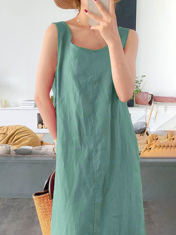 Blue Zone Planet | Cotton Linen Simple Style Loose Pocket Round Neck Temperament Sleeveless Dress BLUE ZONE PLANET