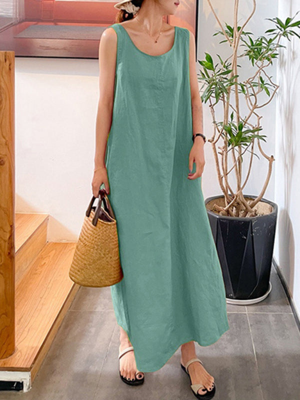 Blue Zone Planet | Cotton Linen Simple Style Loose Pocket Round Neck Temperament Sleeveless Dress BLUE ZONE PLANET