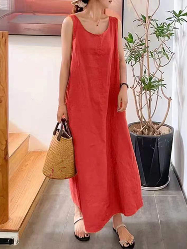 Blue Zone Planet | Cotton Linen Simple Style Loose Pocket Round Neck Temperament Sleeveless Dress BLUE ZONE PLANET