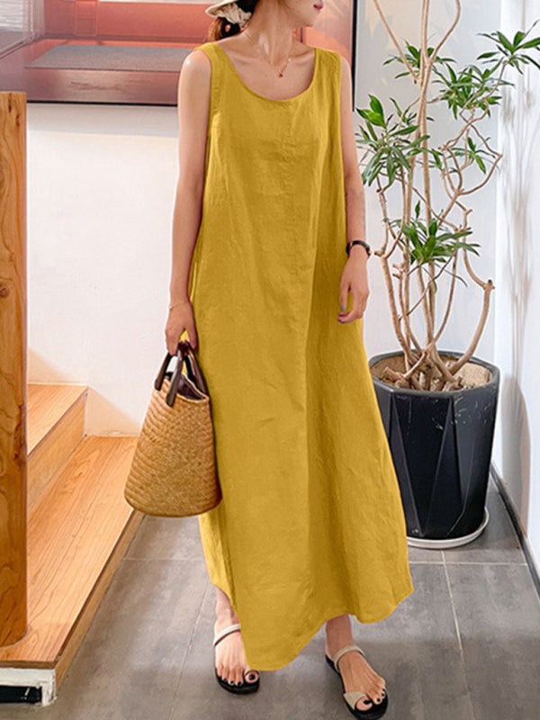 Blue Zone Planet | Cotton Linen Simple Style Loose Pocket Round Neck Temperament Sleeveless Dress BLUE ZONE PLANET