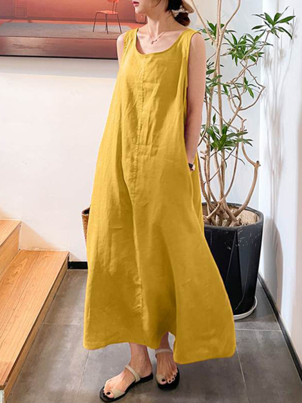 Blue Zone Planet | Cotton Linen Simple Style Loose Pocket Round Neck Temperament Sleeveless Dress BLUE ZONE PLANET