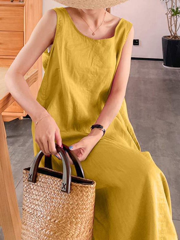Blue Zone Planet | Cotton Linen Simple Style Loose Pocket Round Neck Temperament Sleeveless Dress BLUE ZONE PLANET