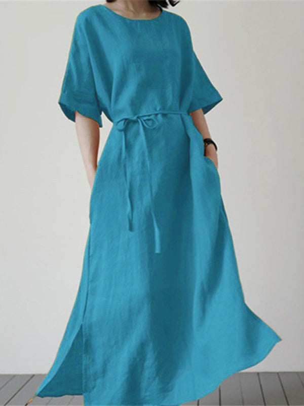 Blue Zone Planet | Cotton Linen Loose Solid Color Short Sleeve Belt Slit Dress BLUE ZONE PLANET