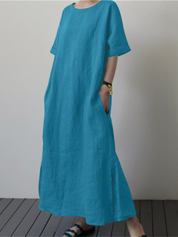 Blue Zone Planet | Cotton Linen Loose Solid Color Short Sleeve Belt Slit Dress BLUE ZONE PLANET
