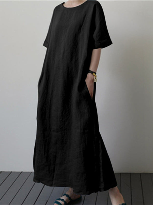 Blue Zone Planet | Cotton Linen Loose Solid Color Short Sleeve Belt Slit Dress BLUE ZONE PLANET