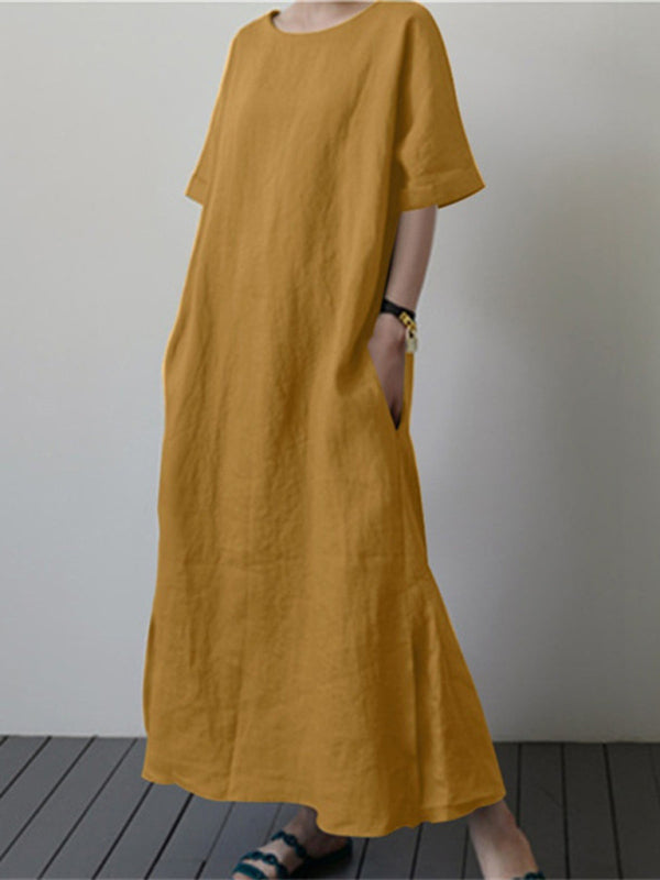 Blue Zone Planet | Cotton Linen Loose Solid Color Short Sleeve Belt Slit Dress BLUE ZONE PLANET