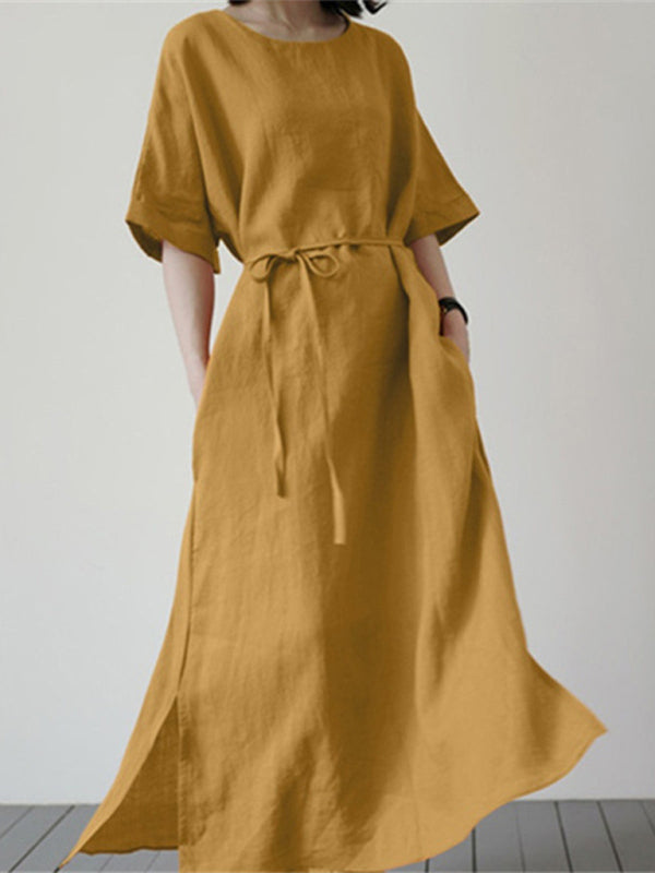 Blue Zone Planet | Cotton Linen Loose Solid Color Short Sleeve Belt Slit Dress BLUE ZONE PLANET