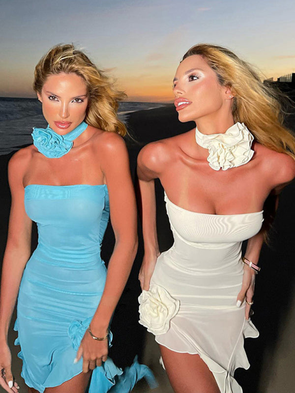 Blue Zone Planet | mesh see-through flower tube top dress BLUE ZONE PLANET