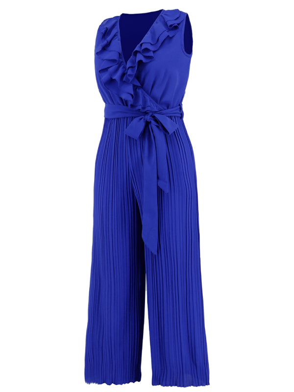 Sleeveless V Neck Ruffle Lace Pleated Jumpsuit BLUE ZONE PLANET