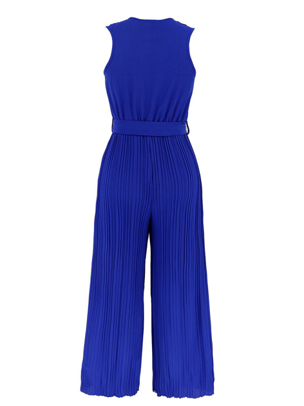 Sleeveless V Neck Ruffle Lace Pleated Jumpsuit BLUE ZONE PLANET