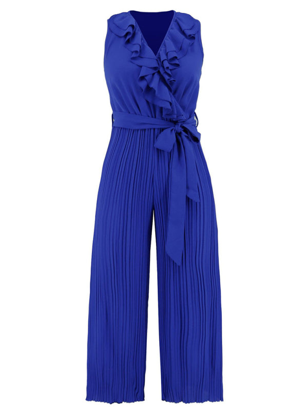 Sleeveless V Neck Ruffle Lace Pleated Jumpsuit BLUE ZONE PLANET