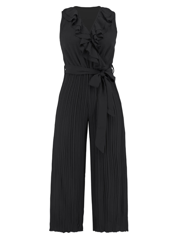 Sleeveless V Neck Ruffle Lace Pleated Jumpsuit BLUE ZONE PLANET