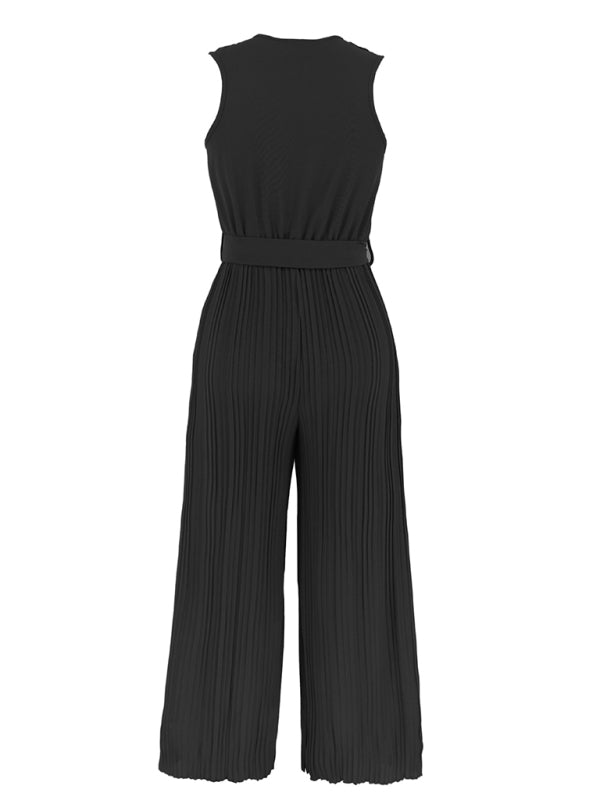 Sleeveless V Neck Ruffle Lace Pleated Jumpsuit BLUE ZONE PLANET