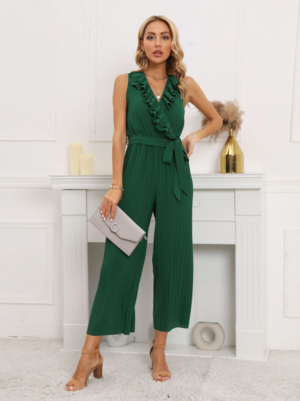 Sleeveless V Neck Ruffle Lace Pleated Jumpsuit BLUE ZONE PLANET