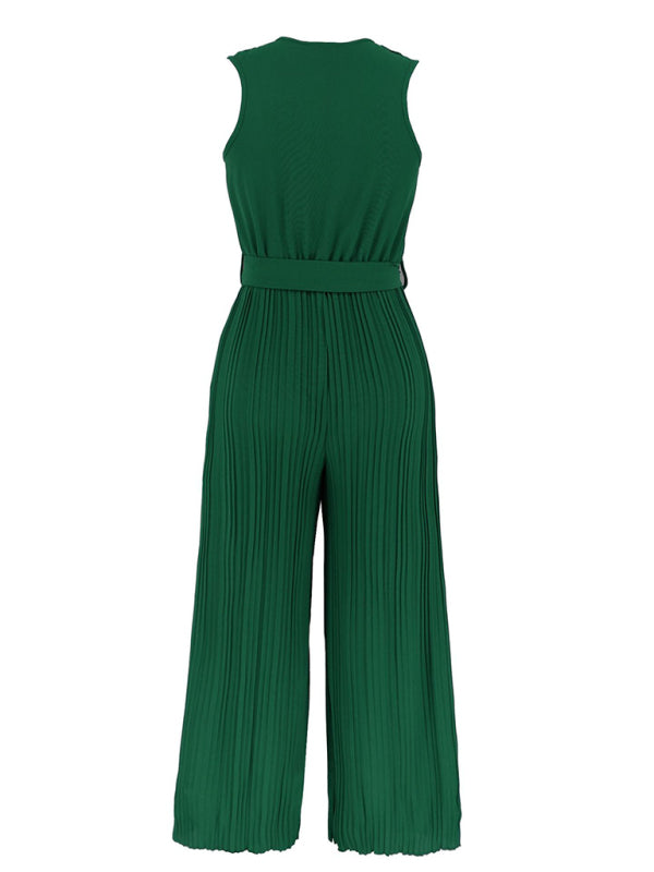 Sleeveless V Neck Ruffle Lace Pleated Jumpsuit BLUE ZONE PLANET