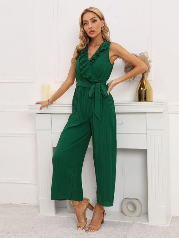 Sleeveless V Neck Ruffle Lace Pleated Jumpsuit BLUE ZONE PLANET