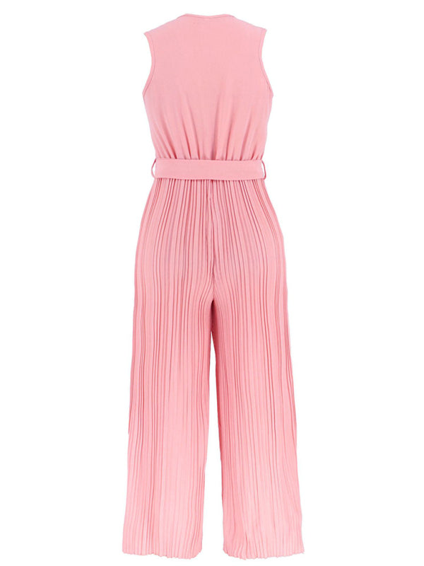 Sleeveless V Neck Ruffle Lace Pleated Jumpsuit BLUE ZONE PLANET