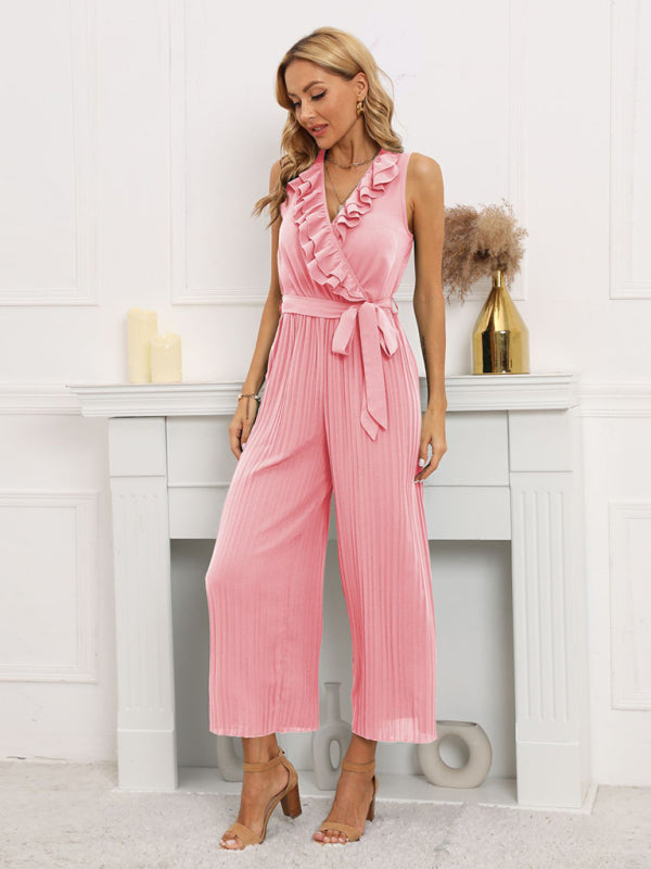 Sleeveless V Neck Ruffle Lace Pleated Jumpsuit BLUE ZONE PLANET