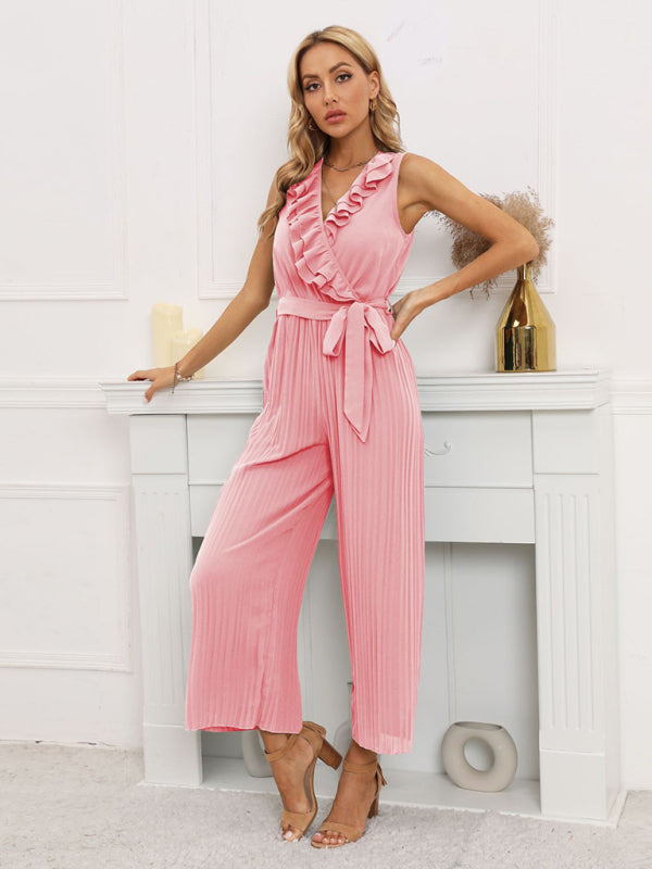 Sleeveless V Neck Ruffle Lace Pleated Jumpsuit BLUE ZONE PLANET