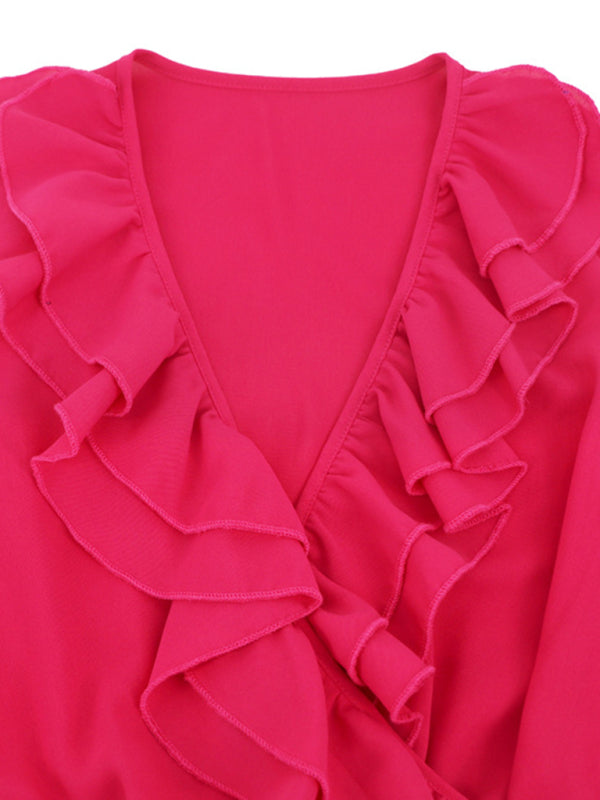 Sleeveless V Neck Ruffle Lace Pleated Jumpsuit BLUE ZONE PLANET