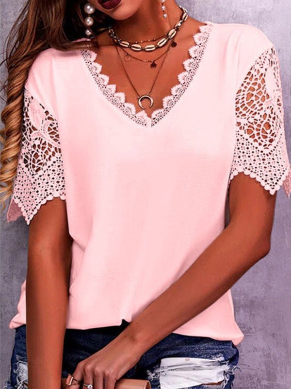 Lace Trim Stitching Loose V Neck Short Sleeve Top BLUE ZONE PLANET