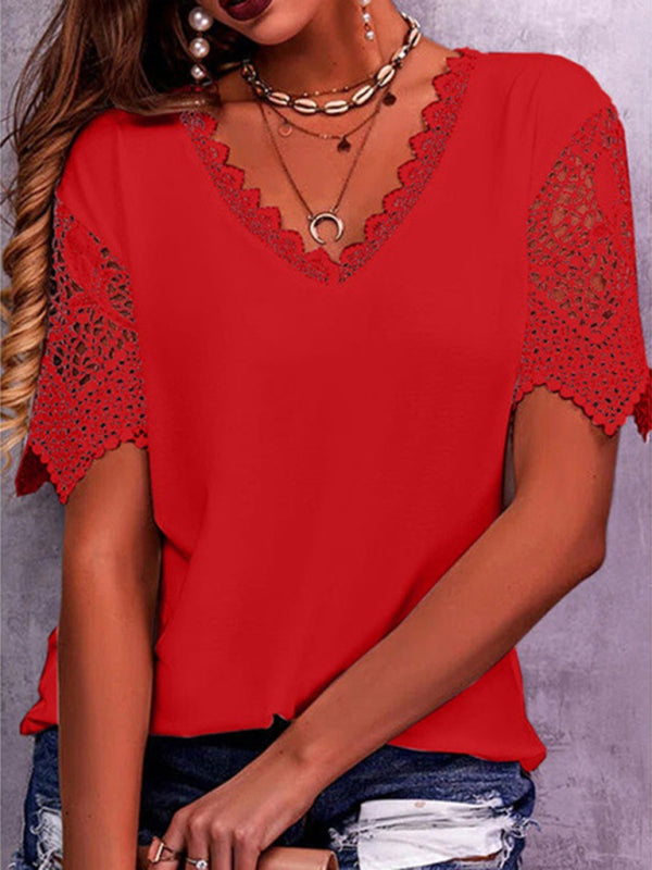 Lace Trim Stitching Loose V Neck Short Sleeve Top BLUE ZONE PLANET