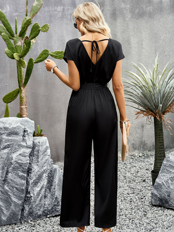 Blue Zone Planet |  Elegant Solid Color V Neck Jumpsuit BLUE ZONE PLANET
