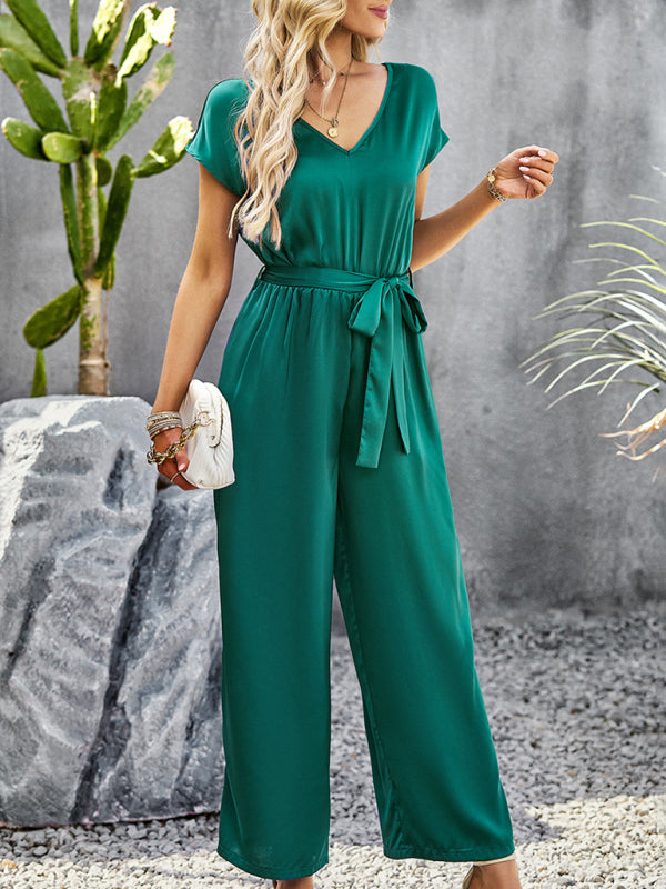 Blue Zone Planet |  Elegant Solid Color V Neck Jumpsuit BLUE ZONE PLANET