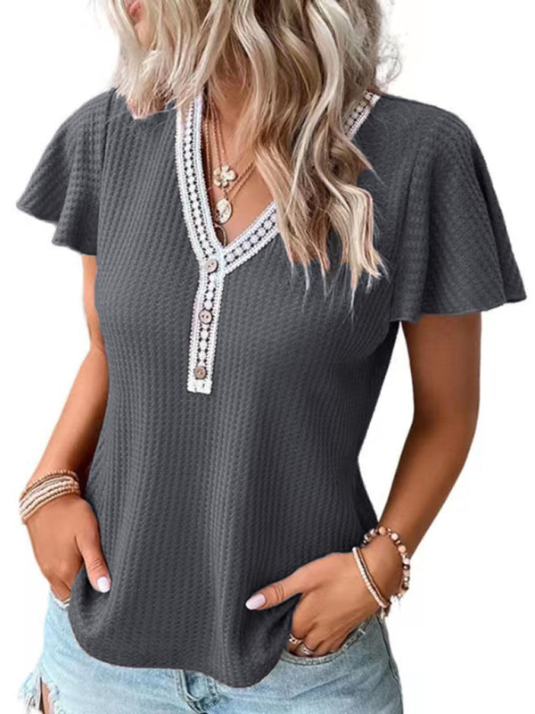 Blue Zone Planet | Fly Fly Sleeve Waffle Stitching Top Short Sleeve T-Shirt BLUE ZONE PLANET