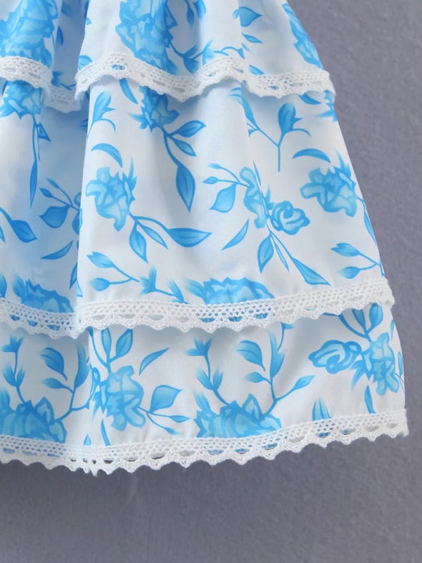 Blue Zone Planet | European and American small fresh V-neck layered floral skirt BLUE ZONE PLANET