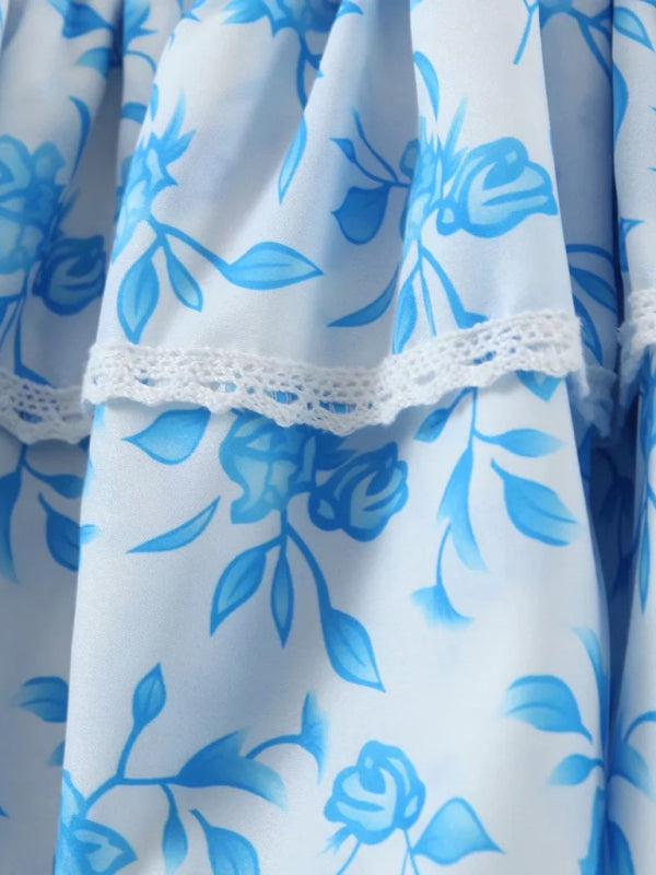 Blue Zone Planet | European and American small fresh V-neck layered floral skirt BLUE ZONE PLANET