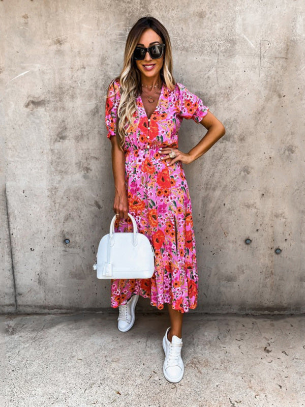 Floral Print Short Sleeve V-Neck Dress BLUE ZONE PLANET
