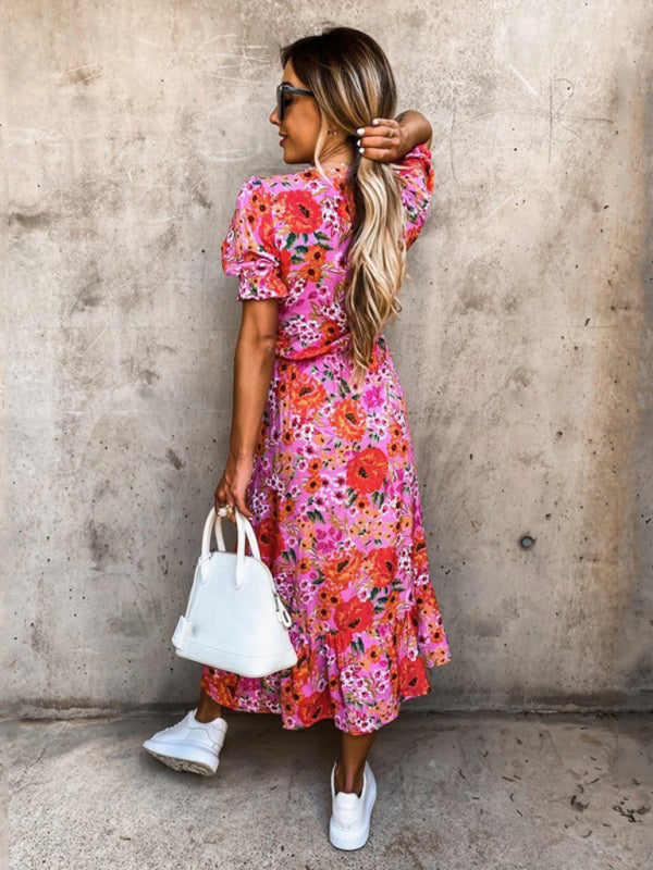 Floral Print Short Sleeve V-Neck Dress BLUE ZONE PLANET