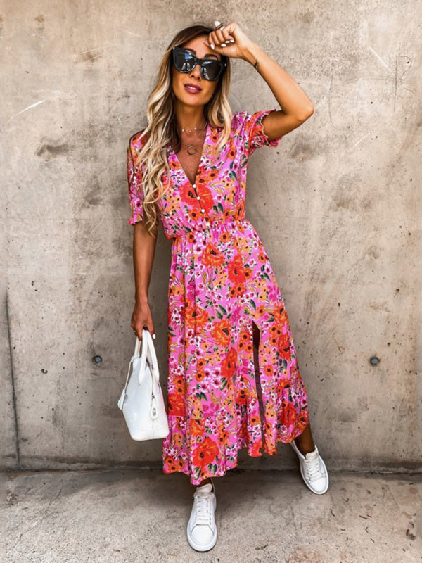 Floral Print Short Sleeve V-Neck Dress BLUE ZONE PLANET