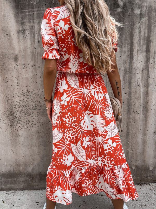 Floral Print Short Sleeve V-Neck Dress BLUE ZONE PLANET