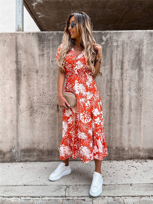 Floral Print Short Sleeve V-Neck Dress BLUE ZONE PLANET