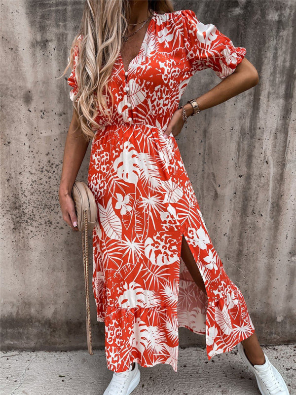 Floral Print Short Sleeve V-Neck Dress BLUE ZONE PLANET