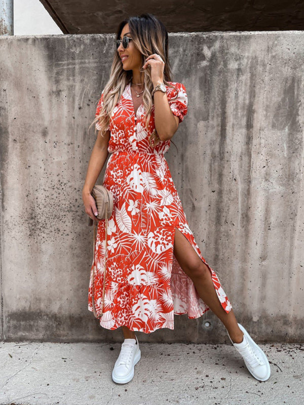 Floral Print Short Sleeve V-Neck Dress BLUE ZONE PLANET