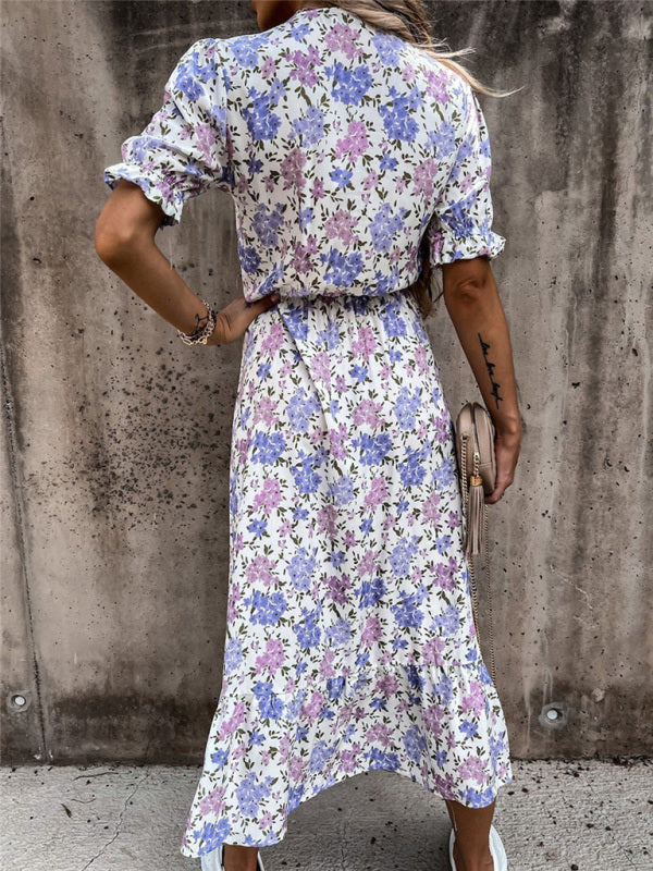 Floral Print Short Sleeve V-Neck Dress BLUE ZONE PLANET