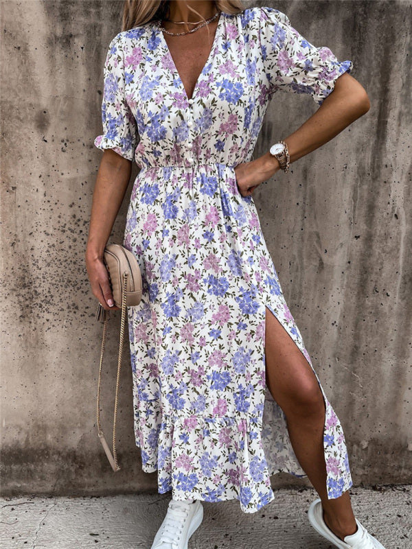 Floral Print Short Sleeve V-Neck Dress BLUE ZONE PLANET