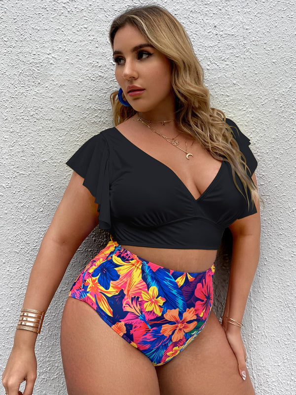 Plus Size Women-Falbala V-Neck Bikini Set BLUE ZONE PLANET