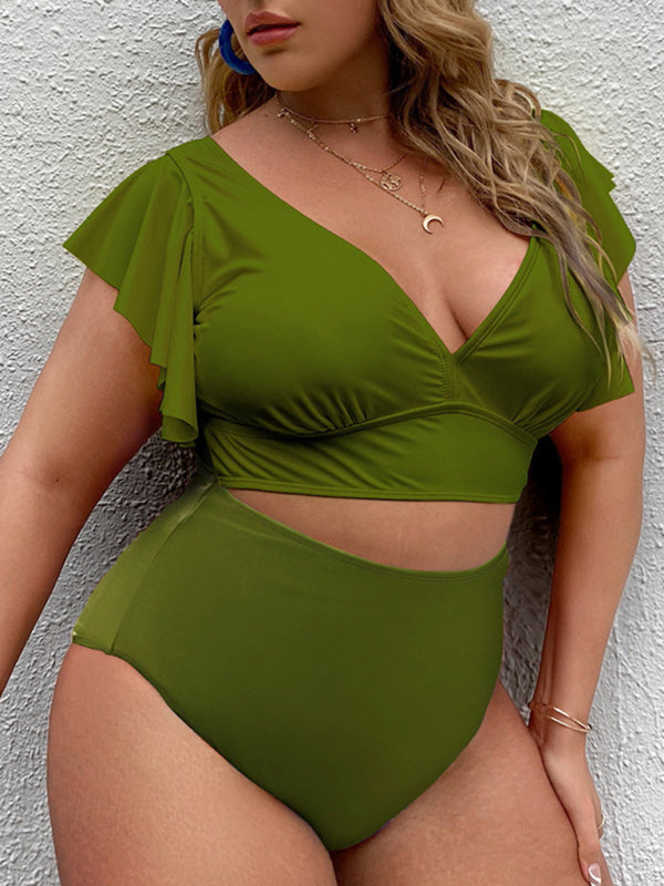 Plus Size Women-Falbala V-Neck Bikini Set BLUE ZONE PLANET