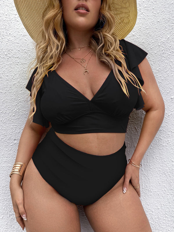 Plus Size Women-Falbala V-Neck Bikini Set BLUE ZONE PLANET