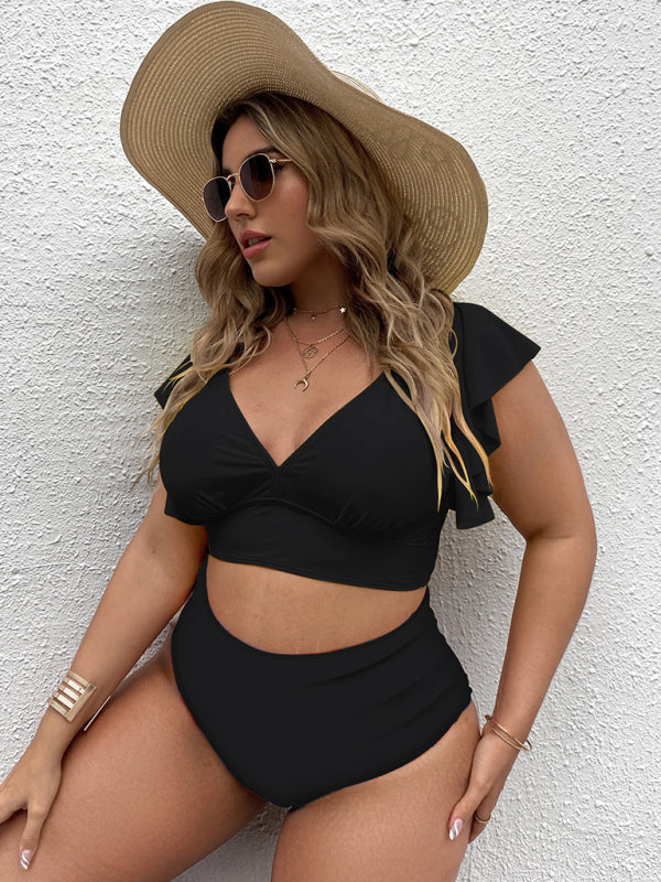 Plus Size Women-Falbala V-Neck Bikini Set BLUE ZONE PLANET