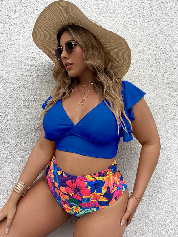 Plus Size Women-Falbala V-Neck Bikini Set BLUE ZONE PLANET