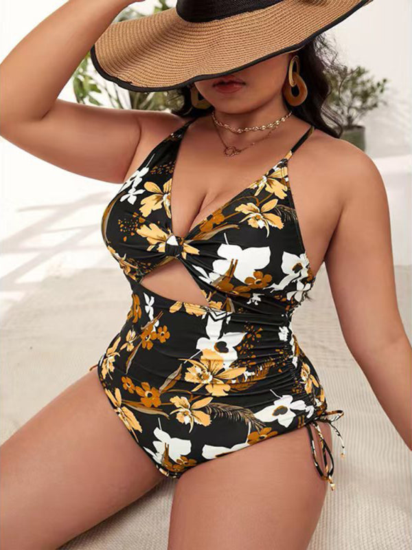 Plus Size Women-Printed Push-up Hollow One-Piece Swimsuit kakaclo
