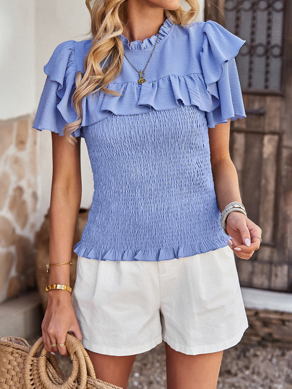 Blue Zone Planet | solid color elegant ruffled short-sleeved shirt BLUE ZONE PLANET