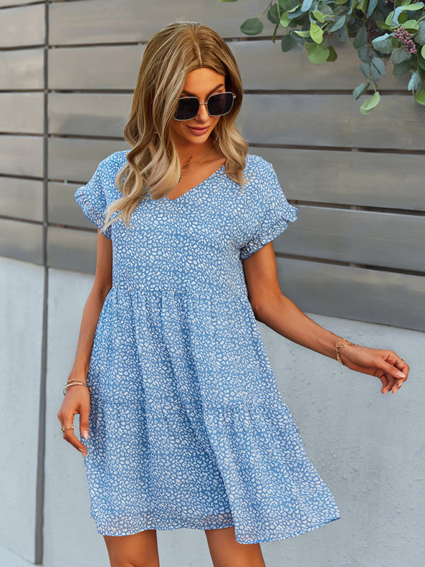 Woven V-Neck Printed Loose Short Sleeve Chiffon Dress kakaclo