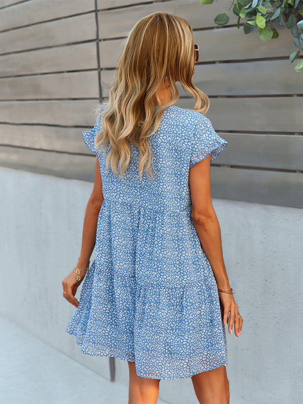 Woven V-Neck Printed Loose Short Sleeve Chiffon Dress kakaclo